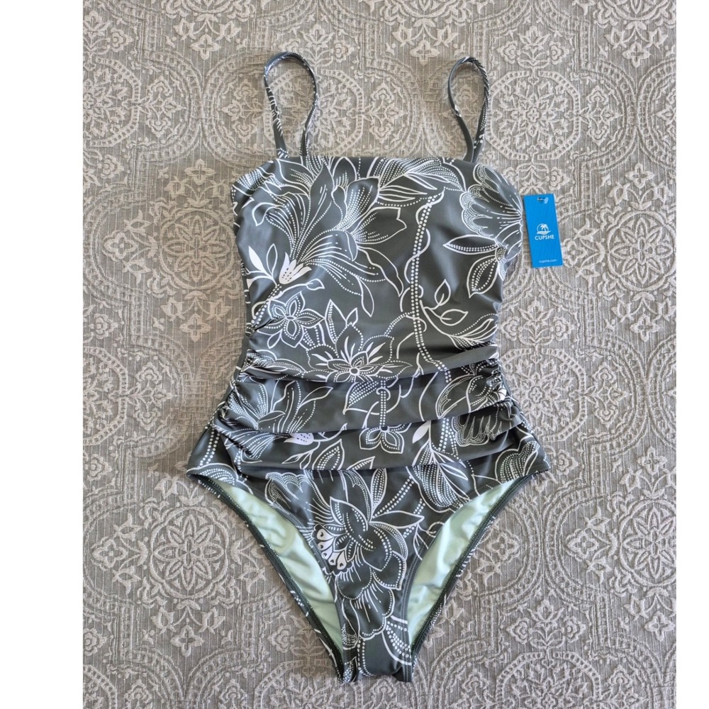 Cupshe Floral Ruched One Piece Swimsuit Olive Green White CAA12E3D04RR Size S